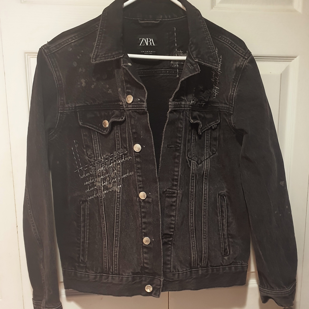 Zara Charcoal Text-Embroidered Denim Jacket